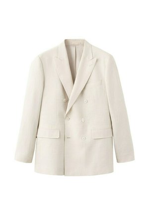 Doppelreihiger Blazer in Cremeton mit Kerbkragen und Pattentaschen, dargestellt vor weißem Hintergrund.