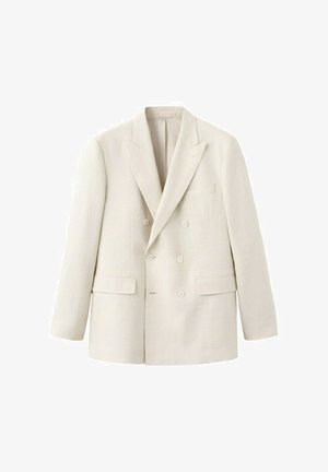 Doppelreihiger Blazer in Cremeton mit Kerbkragen und Pattentaschen, dargestellt vor weißem Hintergrund.