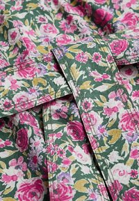 Tissu floral avec un fond vert présentant des fleurs roses, blanches et dorées. Inclus des motifs de divers accents botaniques et de broderies détaillées.