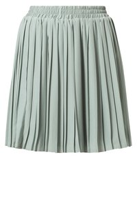 Falda plisada en suave tela de color verde menta, con cintura elástica y silueta fluida. Textura lisa con pliegues verticales.