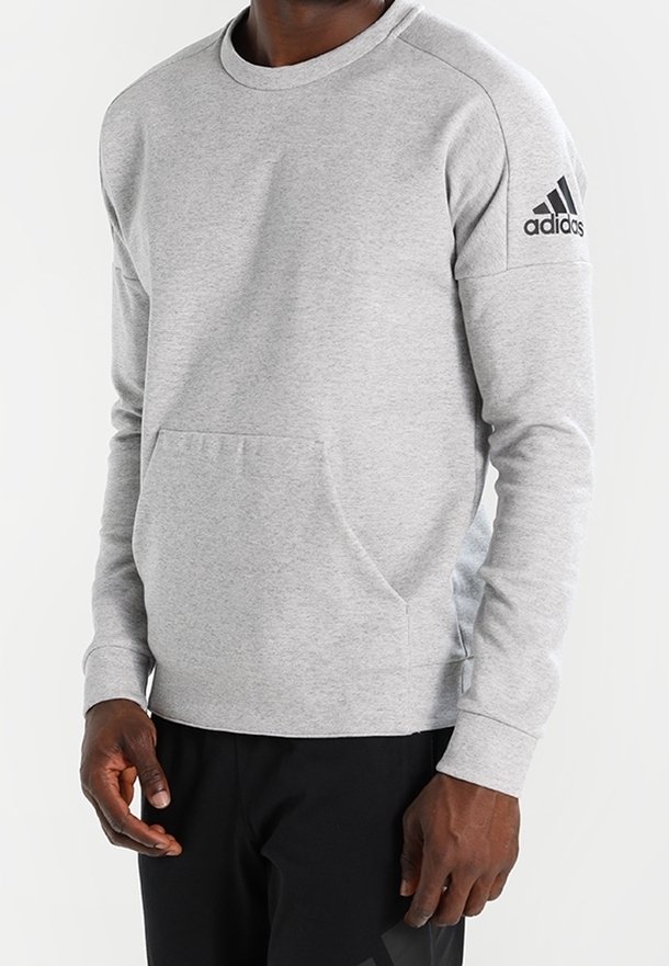 Sweatshirt gris avec un col rond, des manches longues, et une poche avant. Présente le logo Adidas noir sur la manche gauche. Texture douce.