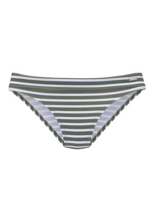 Bikiny kalhotky s pruhy v olivově zelené a bílé barvě, vyrobené z hladkého materiálu s těsným střihem a minimálním pasem.