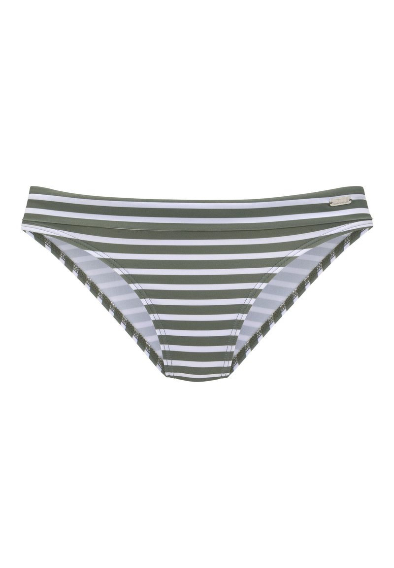 Bikini spodnji del s horizontalnimi črtami v olivno zeleni in beli barvi, izdelan iz gladkega materiala s tesnim prileganjem in minimalnim pasom.