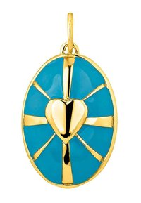 Colgante de oro con forma ovalada, que presenta una base de esmalte turquesa y un corazón central de oro, acentuado por rayos dorados que irradian desde el corazón.