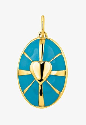 Colgante de oro con forma ovalada, que presenta una base de esmalte turquesa y un corazón central de oro, acentuado por rayos dorados que irradian desde el corazón.