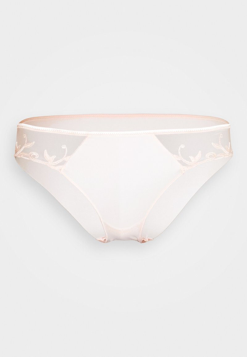 Lys rosa truser med gjennomsiktige mesh-sider og broderte blomsterdetaljer, med et mykt tekstildesign og elastisk midjebånd.