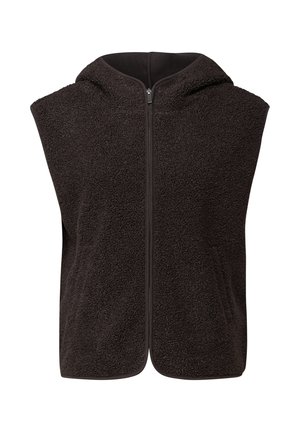 Gilet sans manches marron avec capuche, fabriqué en tissu en peluche texturé. Présente une fermeture éclair à l'avant et pas de poches visibles. Design simple et fonctionnel.