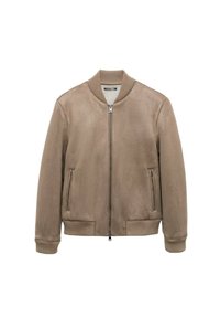 Bruine suede bomberjack met geribbelde kraag, manchetten en zoom; beschikt over twee met rits afgesloten voorzakken en een centrale ritssluiting.