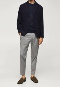 Blazer navy con due bottoni, abbinato a un maglione scuro e pantaloni grigi chiari a righe. Mocassini marroni completano l'outfit.
