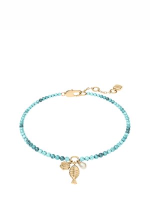 Turquoise bead bracelet with gold fish, seashell charms, and a small white pearl, featuring a gold clasp and adjustable chain.