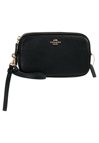 Musta nahkainen olkalaukku, jossa on kivimäistä pintarakennetta, kultaiset yksityiskohdat, vetoketjukiinnitys ja irrotettava hihna. Edessä on logo.