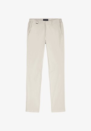 Light beige cotton trousers with a straight leg design, featuring two side pockets and a waistband label for brand identification.
