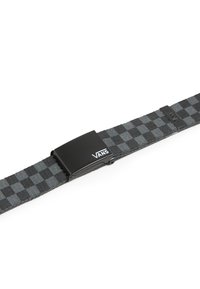 Black and gray checkered fabric belt with a black plastic buckle featuring the Vans logo, showcasing a woven texture and sleek design.