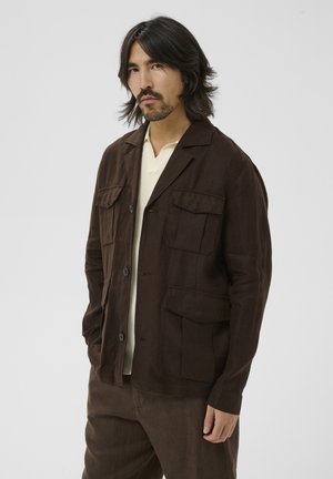 Mand med mellemlangt mørkt hår og skæg iført en brun, knappet jakke med store lommer over en lys beige skjorte mod en ensfarvet baggrund.