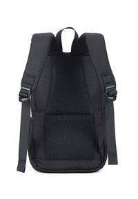 Zaino nero con schienale in rete imbottita, spallacci regolabili, design semplice e tasca frontale. Realizzato in tessuto resistente. Senza motivi particolari.