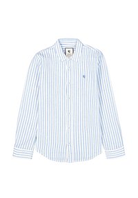 Blauw-wit gestreepte blouse met knopen, lange mouwen, kraag, met een klein logo op de borst en een ronde onderkant. Van katoen.