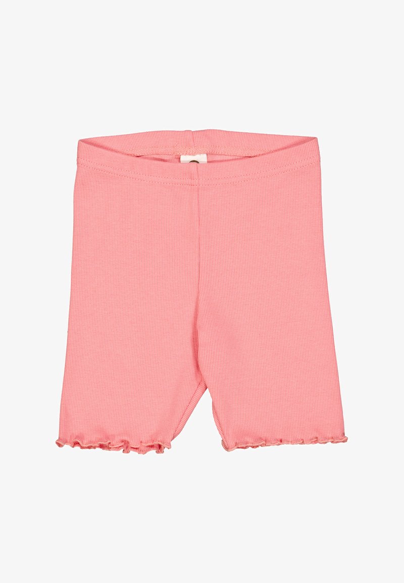 Leggings rosa a righe con orlo arricciato, dotati di una cintura elasticizzata e texture morbida, progettati per il comfort e la libertà di movimento.