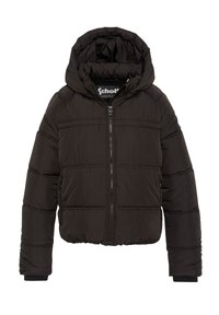 Giacca nera pantalone con cappuccio, dotata di zip anteriore, tasche laterali e cuciture orizzontali. Realizzata in tessuto liscio e isolato.