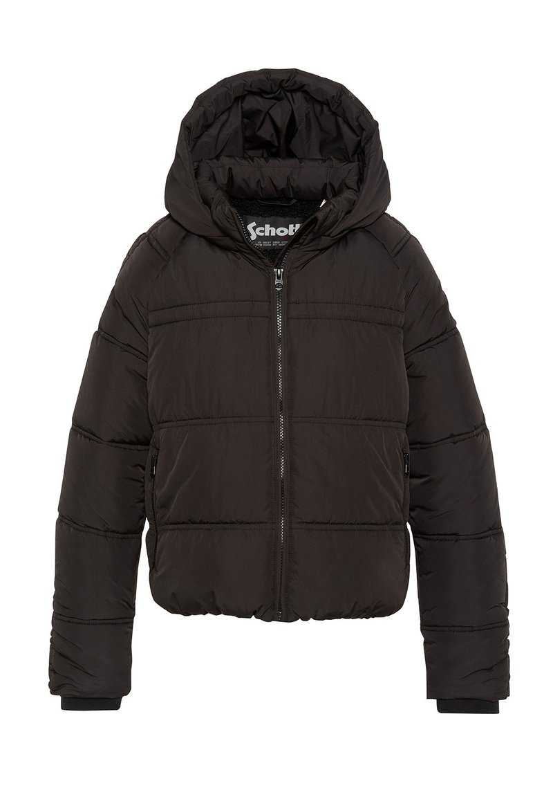 Giacca nera pantalone con cappuccio, dotata di zip anteriore, tasche laterali e cuciture orizzontali. Realizzata in tessuto liscio e isolato.