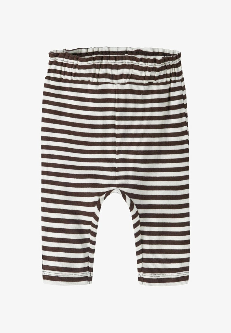 Pantalon pour bébé à rayures horizontales marron et blanches avec une ceinture élastique et une texture de tissu côtelé.