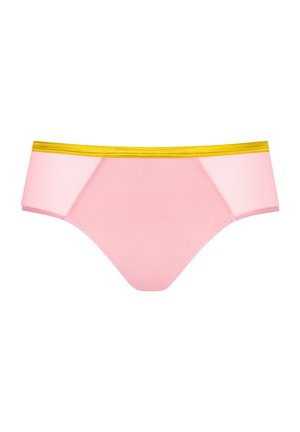 Roze bikinislipje gemaakt van zachte stof, met een elastische tailleband in goudgeel en doorschijnende zijpanelen.