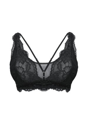 Schwarzes Spitzen-Bralette mit Blumenmustern, dünnen verstellbaren Trägern und dekorativem Frontriemchen auf weißem Hintergrund.