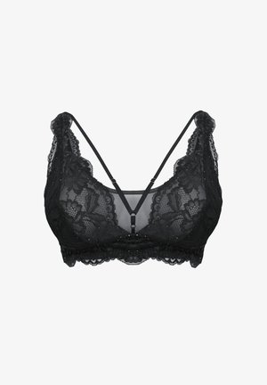 Black lace bralette with floral patterns, thin adjustable straps, and decorative front strap detail on a white background.