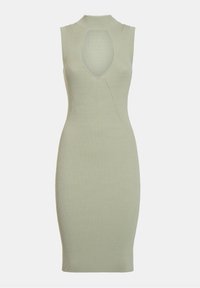 Robe en maille côtelée de couleur vert clair, sans manches avec un col montant et une ouverture en forme de goutte d'eau. Coupe près du corps, longueur au genou avec des coutures décoratives.