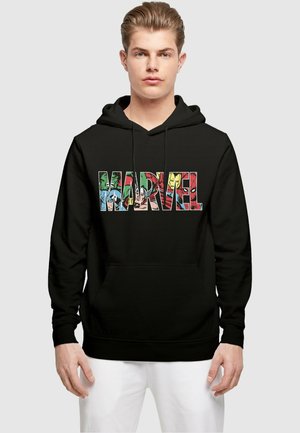 Black hooded sweatshirt featuring the word "MARVEL" in bold letters, showcasing various superhero designs within each letter.