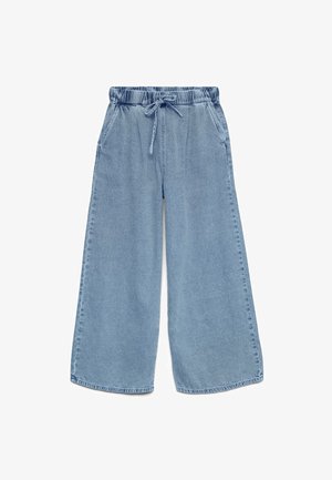 Světle modré džíny s širokými nohavicemi, elastickým pasem a stahovací šňůrkou, s bočními kapsami.