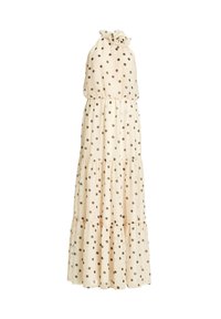Robe longue crème sans manches à pois noirs, col licou avec détail fleur en tissu, et jupe à volants superposés.
