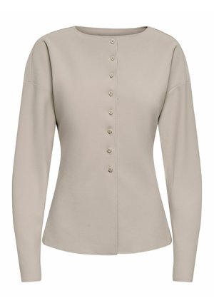 Beige langermet knappes opp cardigan med rund hals og en rad med små matchende knapper ned midten foran.