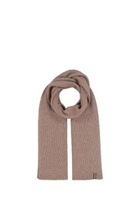 Écharpe en tricot côtelé marron pliée en boucle avec deux extrémités pendantes, dotée d'une petite étiquette près d'un bord sur fond blanc.