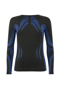Long-sleeve athletic shirt in black with blue textured patterns and contrasting accents. Features a fitted design and smooth texture.