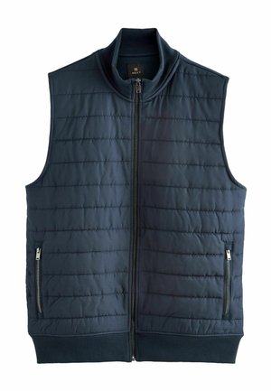 Marine gewatteerde vest met hoge kraag, voorrits en twee zijzakken met rits. Textuurstof met horizontale stiksels.
