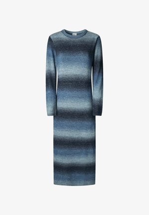 Strickkleid mit einem Farbverlauf in Blautönen, langen Ärmeln, rundem Ausschnitt und geradem Schnitt, mit weichem Material.