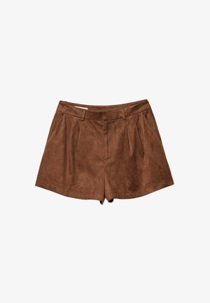 Brown suede high-waist shorts with pleats, belt loops, and side pockets, displayed flat on a white background.