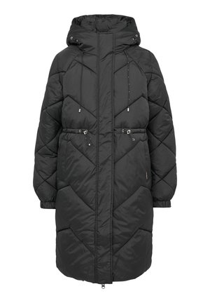Zwarte pufferjas met een capuchon, voorzien van een diamanten gewatteerd patroon, trekkoorden bij de hals en taille, en elastische manchetten.