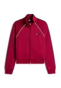 Κόκκινο μπουφάν με φερμουάρ και ψηλό γιακά, με ριμπ τελείωμα στη μέση και στα μανίκια, διακοσμημένο με λευκή γραμμή κατά μήκος των ώμων και λογότυπο της μάρκας στο στήθος.