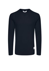 Navy blue ribbed knit sweater with long sleeves, round neckline, and a small label at the bottom left. Textured fabric structure.