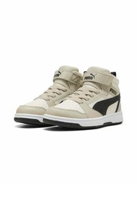 Sneaker alte in pelle beige e nera con dettagli bianchi, dotate di una colletto imbottito, dettagli perforati e strap in Velcro.