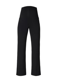 Schwarze Leggings mit hohem Bund, aus weichem, dehnbarem Material, mit geradem Bein und einer glatten, gleichmäßigen Textur.