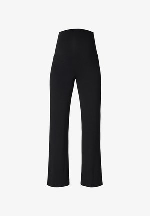 Zwarte leggings met een hoge tailleband, gemaakt van zacht, rekbaar materiaal, met een rechte pijpdesign en een gladde, egale textuur.