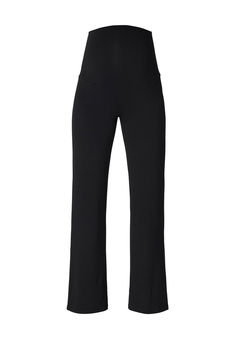Schwarze Leggings mit hohem Bund, aus weichem, dehnbarem Material, mit geradem Bein und einer glatten, gleichmäßigen Textur.