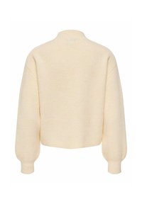 Pull en laine couleur crème avec manches longues bouffantes et col rond haut, vu de dos.