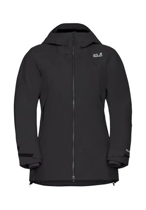 Zwarte waterdichte jas met een aansluitende capuchon, ritssluiting aan de voorkant, elastische manchetten en logo-details. Glad textuur en geen zichtbare patronen.