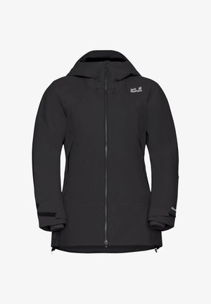 Veste noire imperméable avec capuche ajustée, fermeture éclair à l'avant, poignets élastiques et détails de logo. Texture lisse et sans motifs visibles.