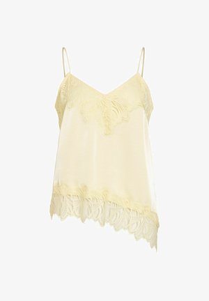 Kreminės spalvos šilkinė palaidinė su nėriniais ties V formos iškirpte, kraštu ir plonomis petnešėlėmis, su asimetrišku apatinės kraštinės dizainu.