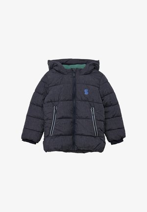 Grey puffer jacket with a hood, featuring a textured fabric, front zip, two side pockets, and a blue logo on the chest.