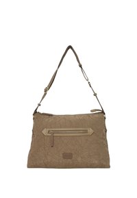 Borsa a mano beige con una finitura strutturata e effetto stropicciato, dotata di una tracolla regolabile e di una tasca frontale con zip. Logo a contrasto nella parte inferiore.